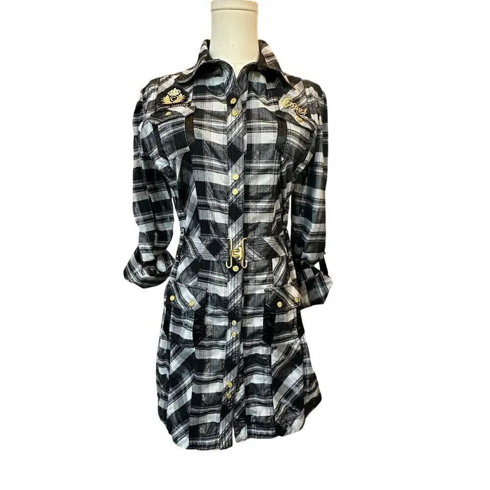 Coogi Y2K Mini Dress Women’s Large Dark Academia Black Plaid Belted Button Down